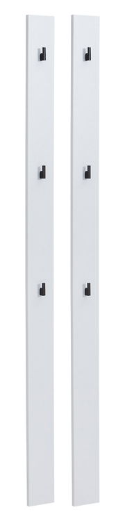 Zwei weiße Garderobenpaneele mit jeweils drei schwarzen Haken, frontal abgebildet.