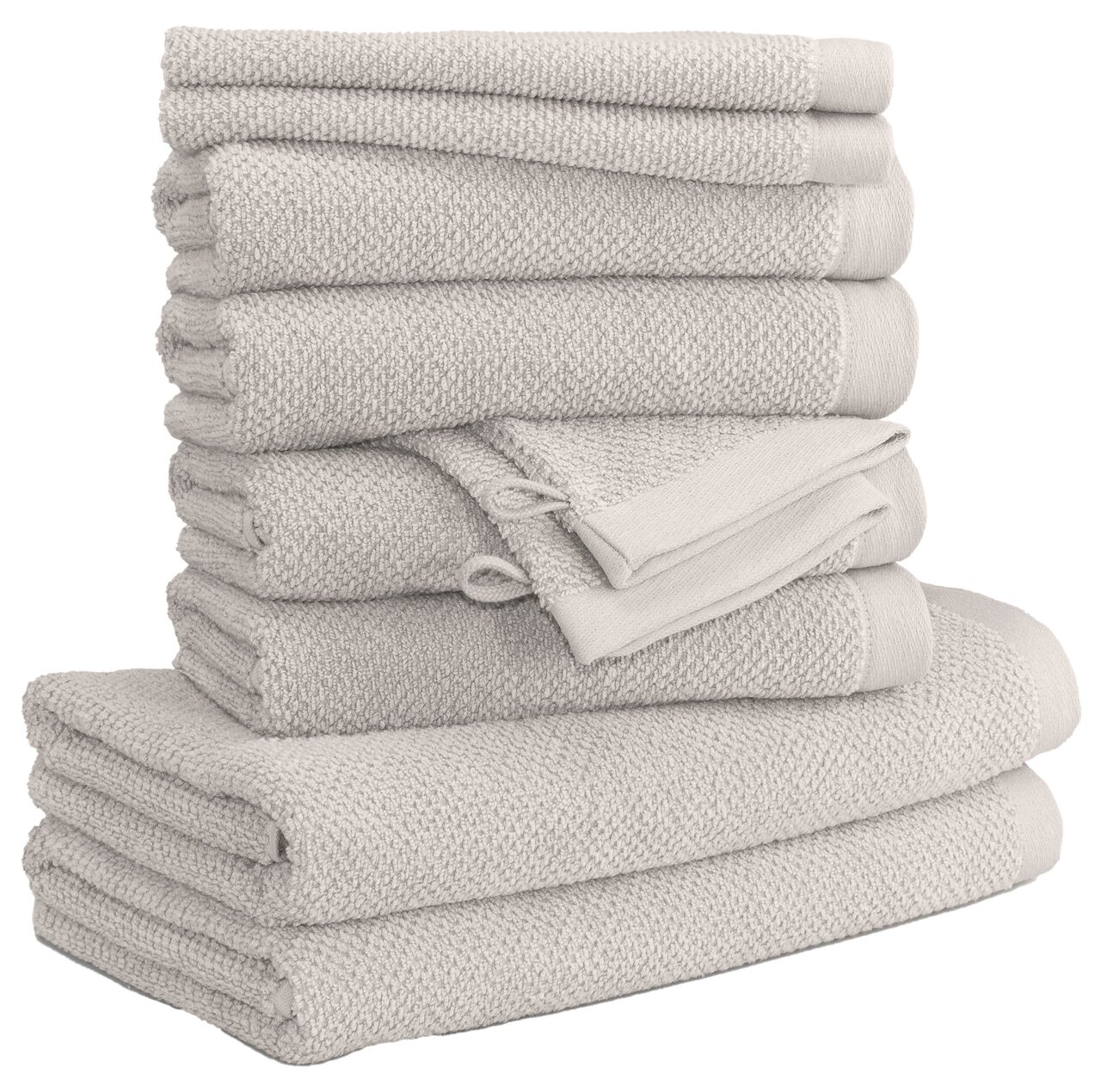 MÖVE Handtuchset 10-tlg. BLISS Stapel von beigefarbenen Handtüchern in verschiedenen Größen, seitliche Perspektive