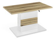 Moderner Couchtisch mit Holzoptik-Oberfläche und weißem Sockel, seitliche Perspektive