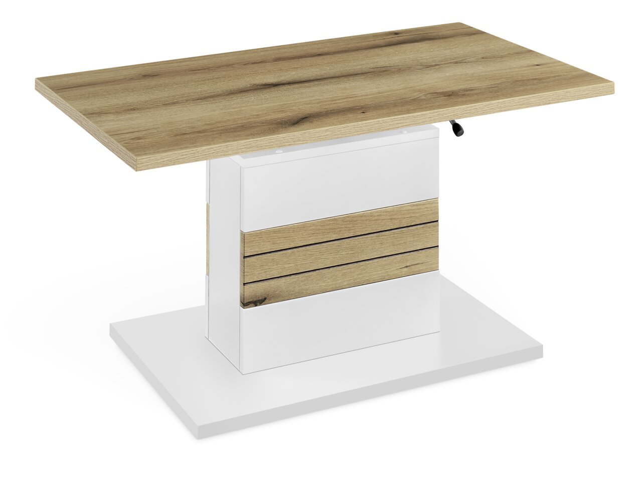 Moderner Couchtisch mit Holzoptik-Oberfläche und weißem Sockel, seitliche Perspektive