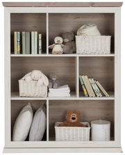 Regal mit sechs Fächern, gefüllt mit Büchern, Kuscheltieren und Körben, frontal fotografiert.