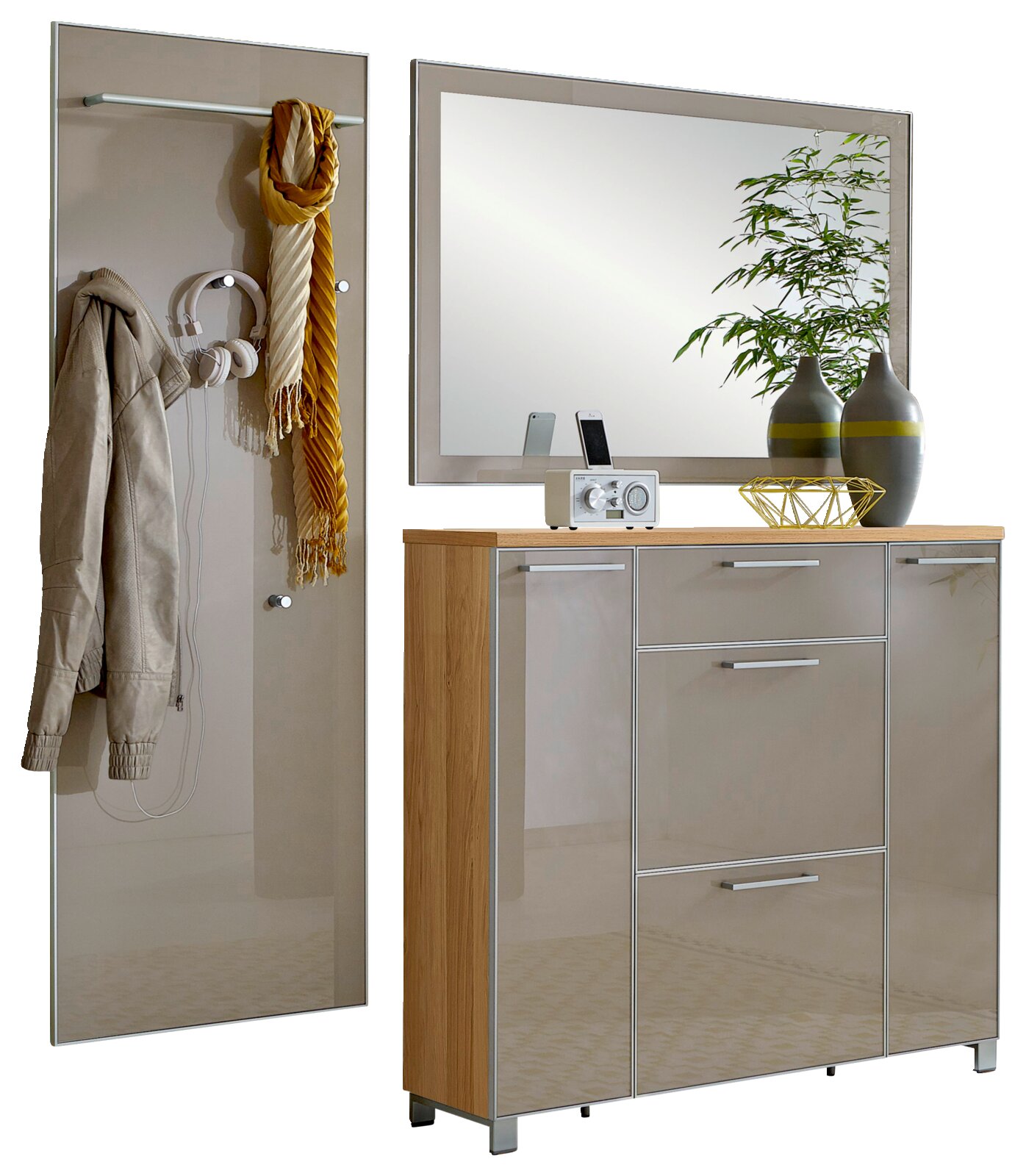 Garderoben-Set 3-tlg. mit Spiegel, Schrank und Wandpaneel, Perspektive von vorne