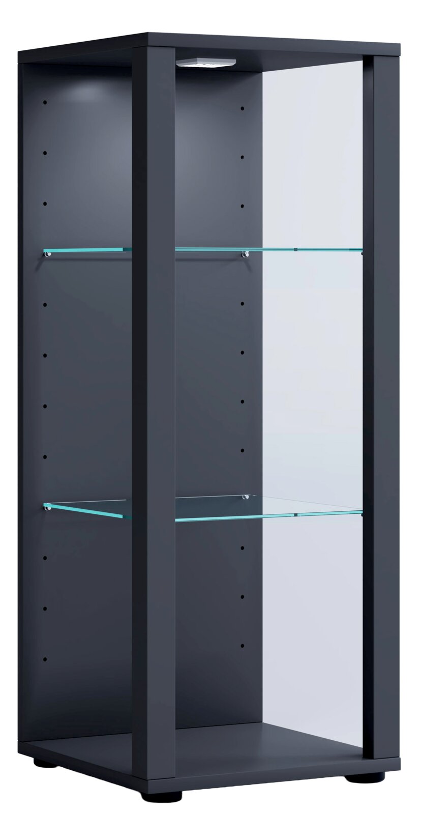 VCM Vitrine GLASOL Moderne schwarze Glasvitrine mit zwei Glasböden und integrierter LED-Beleuchtung, aus schräger Frontansicht gezeigt