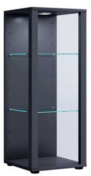 Moderne schwarze Glasvitrine mit zwei Glasböden und integrierter LED-Beleuchtung, aus schräger Frontansicht gezeigt
