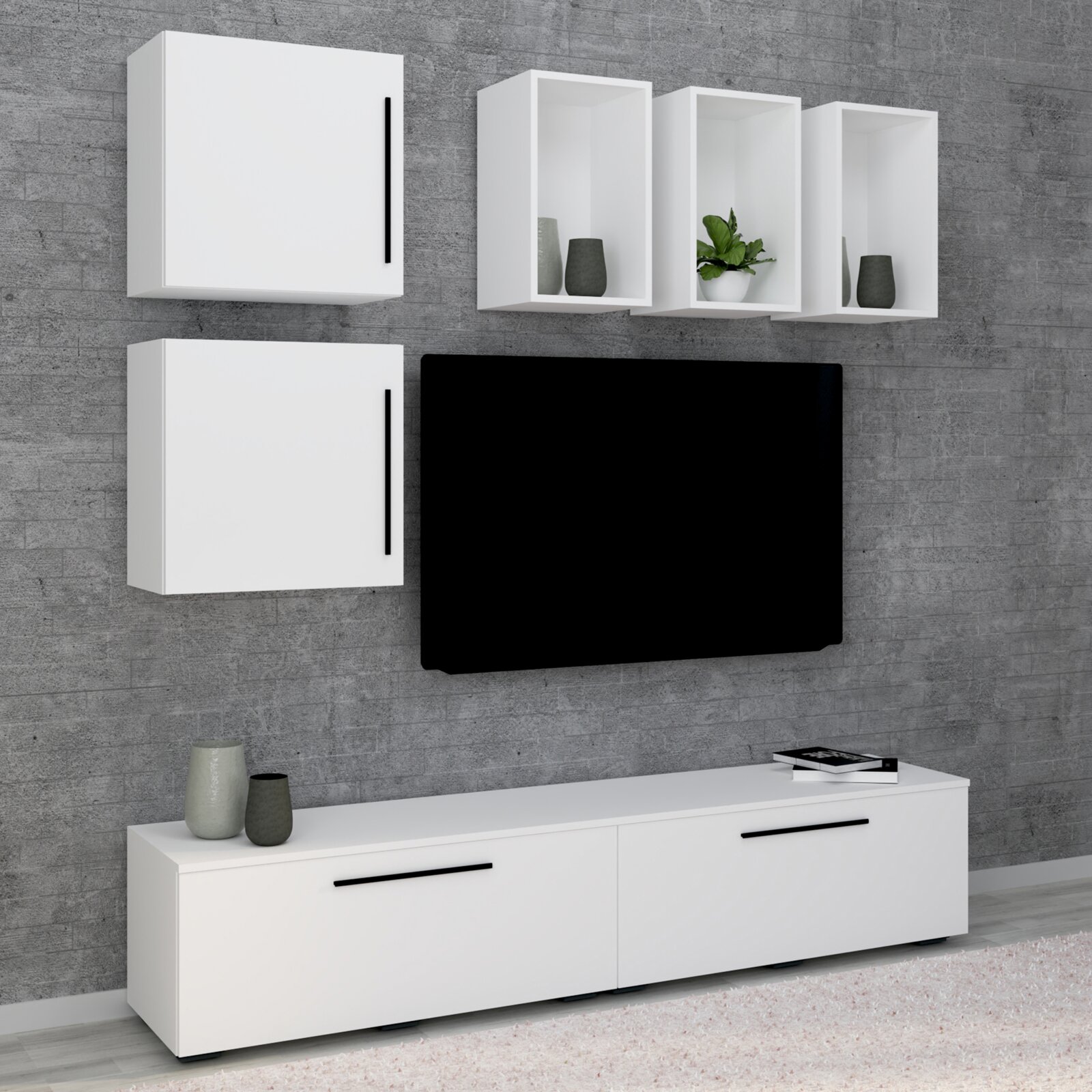 Modernes weißes Wohnzimmer-Wandmöbel-Set mit Lowboard, zwei Hängeschränken und drei offenen Wandregalen sowie schwarzem Wandpaneel vor grauer Betonwand, Ansicht frontal mit leichter Perspektive von rechts