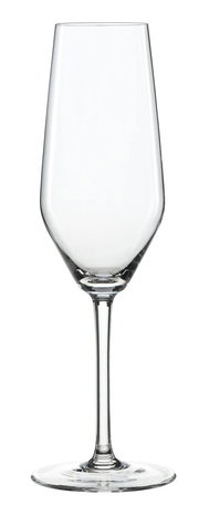 Ein eleganter Champagnerkelch aus klarem Glas, frontal abgebildet.