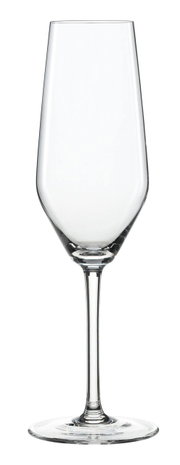 Een elegante champagneglas van helder glas, van voren afgebeeld.