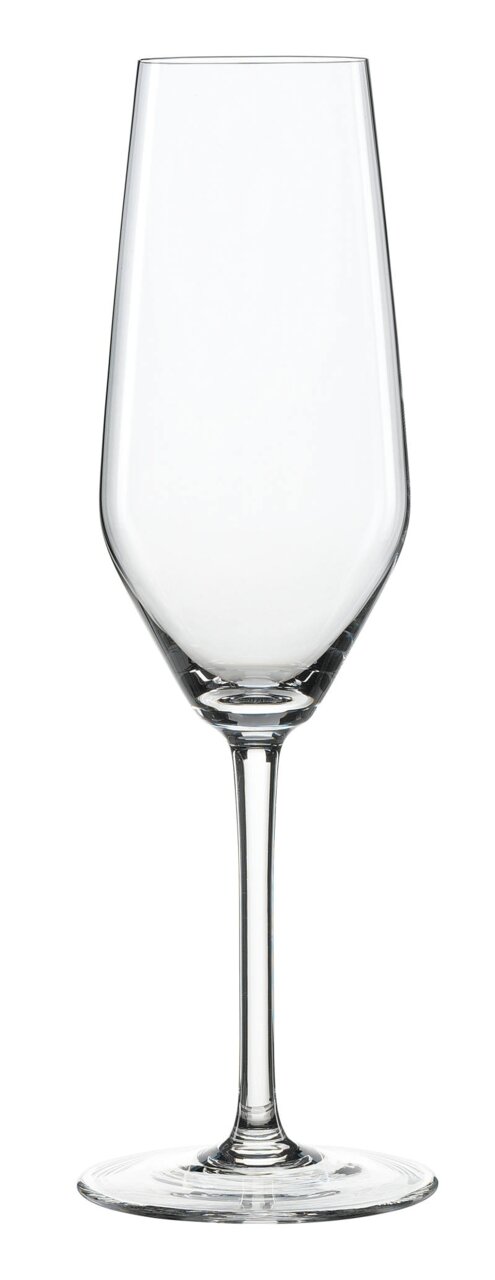 Een elegante champagneglas van helder glas, van voren afgebeeld.