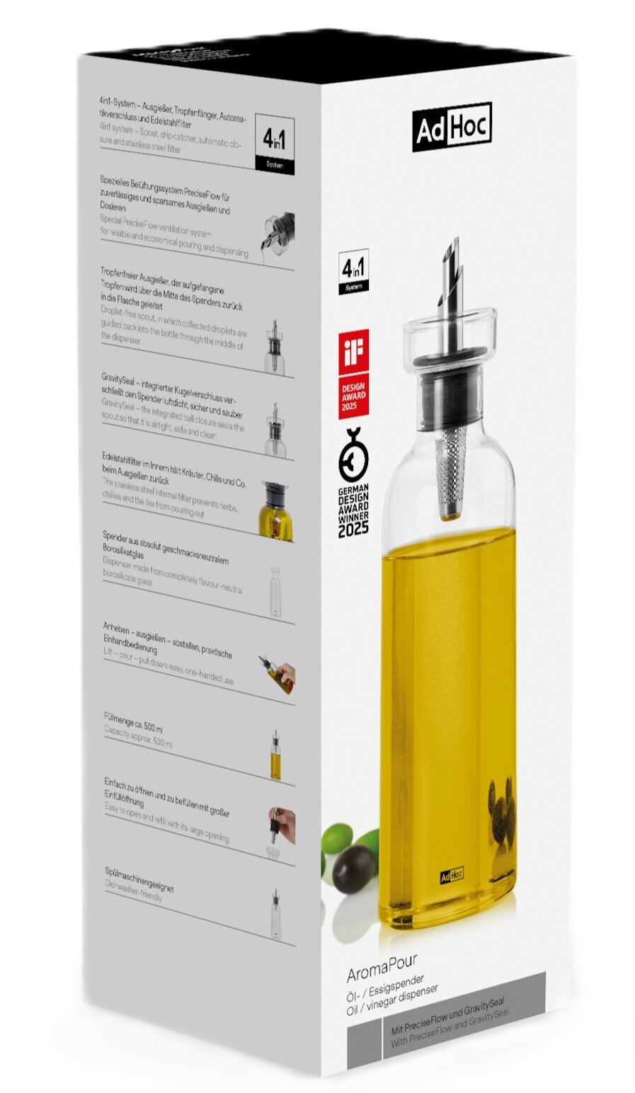 AdHoc AromaPour Öl- und Essigspender in Verpackung mit abgebildeter Glasflasche, Edelstahl-Ausgießer und gelbem Öl, perspektivisch in leichter Seitenansicht von vorne (3/4-Ansicht) fotografiert.