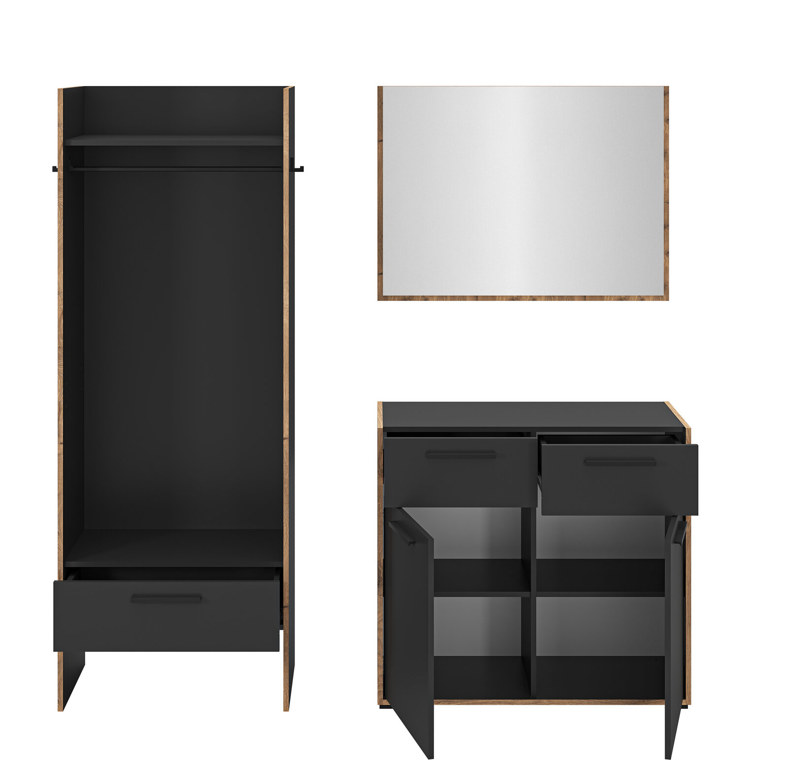 Moderner Schrank in Schwarz mit Holzrahmen, mit Schublade und Innenfächern; Ansicht als Frontansicht geöffnet, Draufsicht und Frontansicht mit geöffneten Türen/Schubladen.