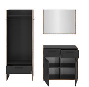 Moderner Schrank in Schwarz mit Holzrahmen, mit Schublade und Innenfächern; Ansicht als Frontansicht geöffnet, Draufsicht und Frontansicht mit geöffneten Türen/Schubladen.