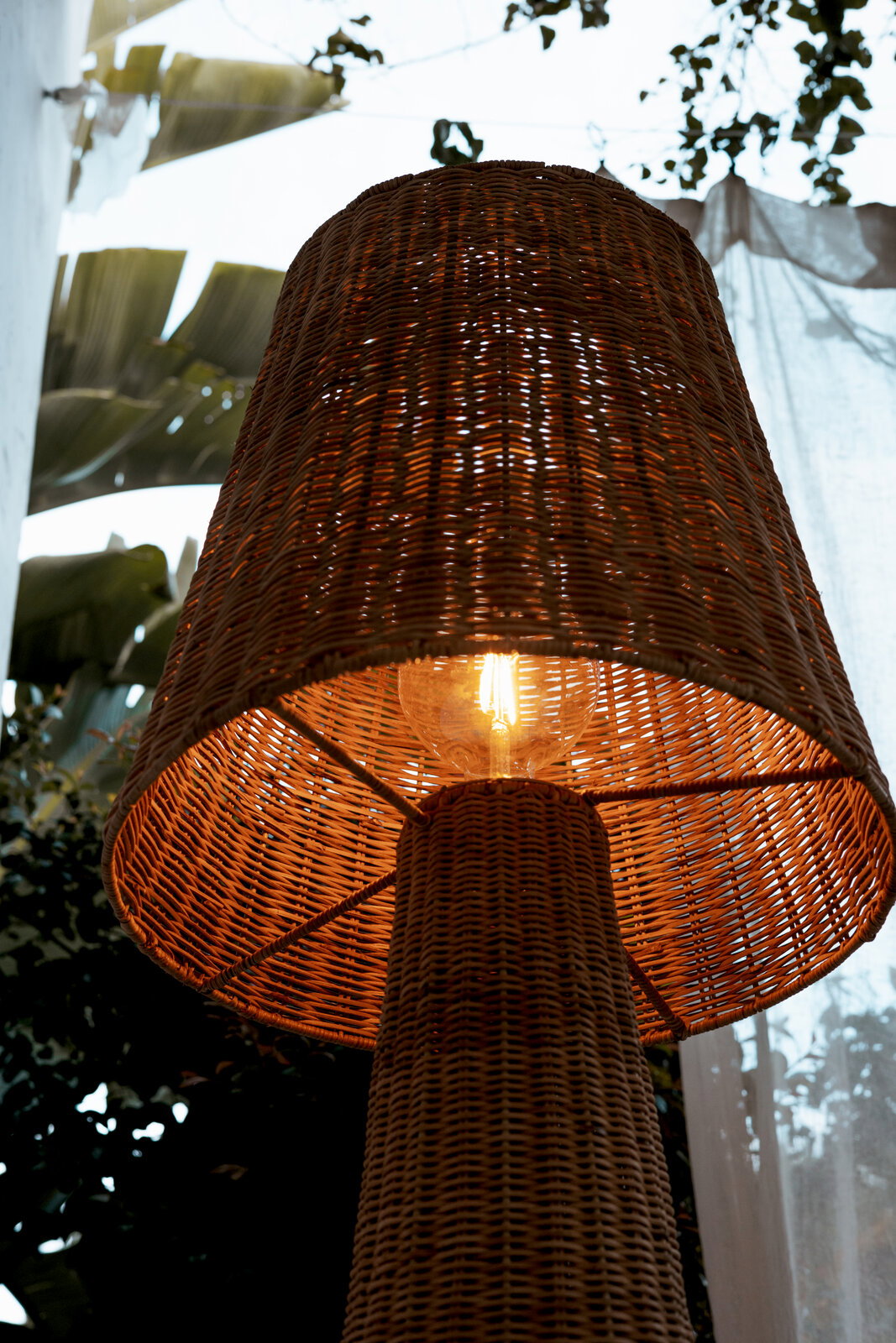 Geflochtene Rattan-Stehlampe mit warm leuchtender Glühbirne, von unten in Froschperspektive fotografiert, vor hellem Fenster und Pflanzen.