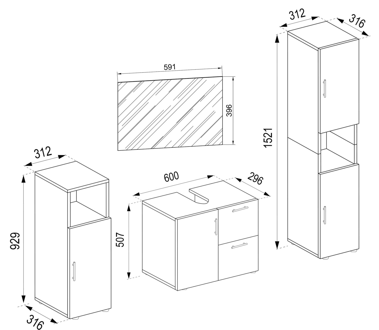 Technische Maßzeichnung eines Badezimmermöbel-Sets mit Waschbeckenunterschrank, Spiegel und zwei Hochschränken, in isometrischer 3D-Ansicht und Frontansicht mit Maßangaben.