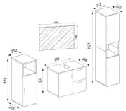 Technische Maßzeichnung eines Badezimmermöbel-Sets mit Waschbeckenunterschrank, Spiegel und zwei Hochschränken, in isometrischer 3D-Ansicht und Frontansicht mit Maßangaben.