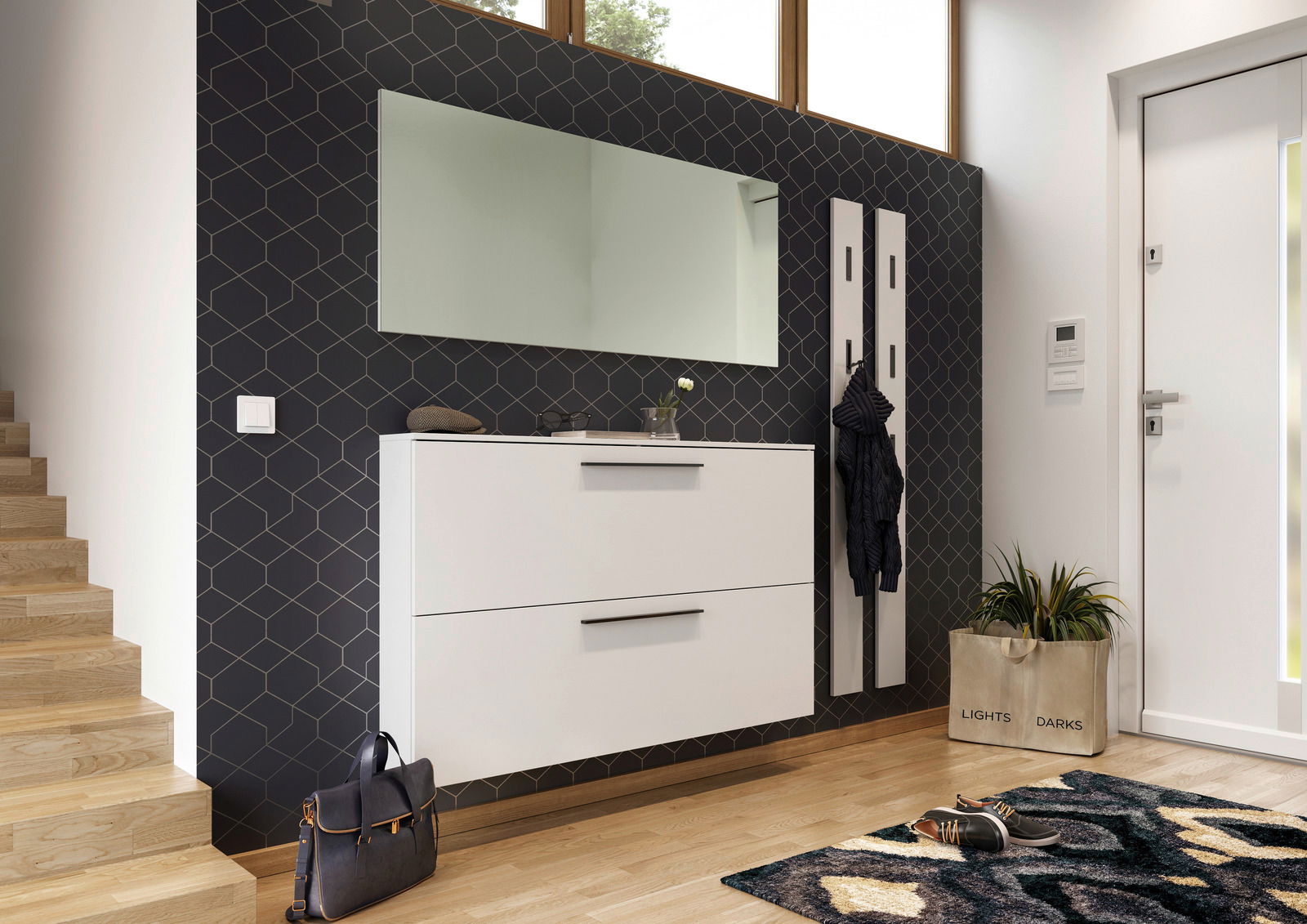 MID.YOU Schuhschrank UTAH Moderner Eingangsbereich mit weißem Schuhschrank und Spiegel, seitliche Perspektive.