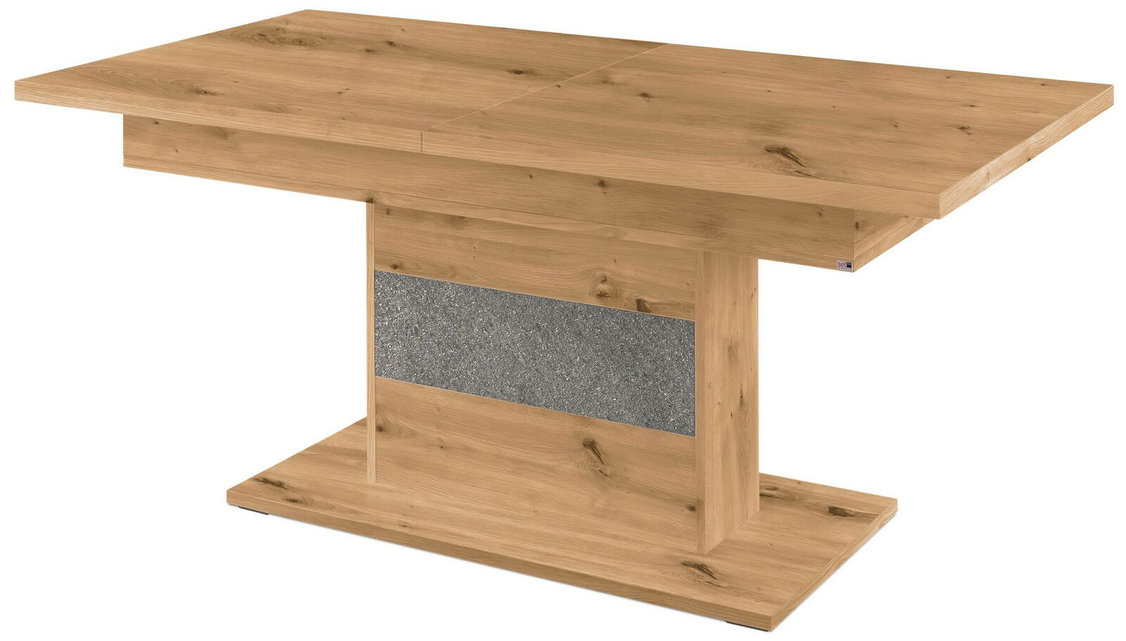 Moderner Funktions-Esstisch aus Holz mit rechteckiger Tischplatte und zentralem Standfuß, seitliche Perspektive