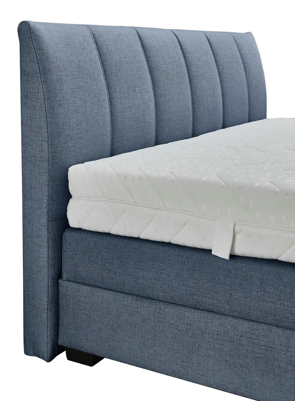 Seitliche Ansicht eines blauen Boxspringbetts mit gepolstertem Kopfteil und weißer Matratze.