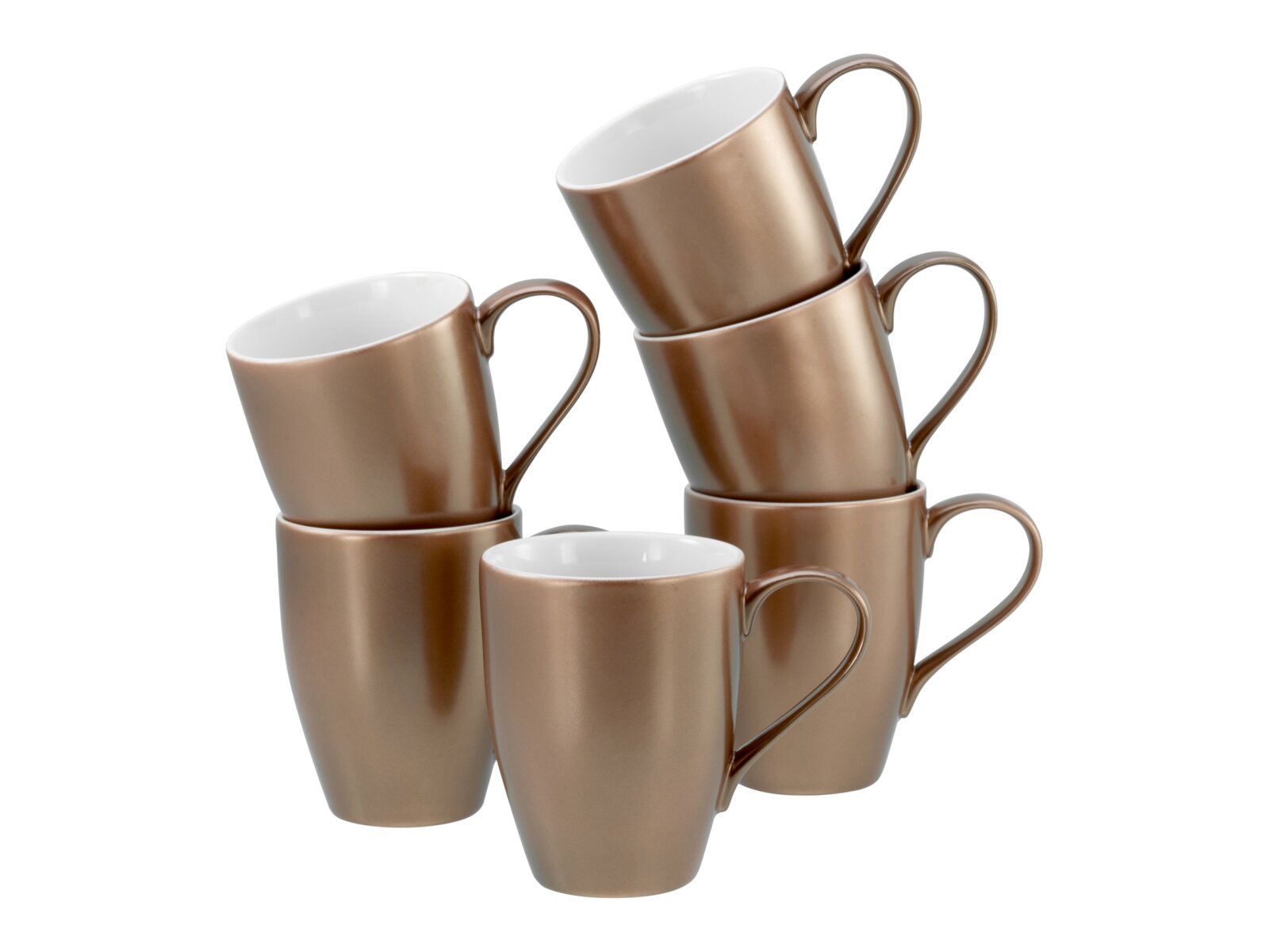 Creatable Kaffeebecher 6-tlg GOLDEN DAYS Sechs stapelbare Kaffeebecher in Metallic-Roségold mit weißer Innenseite, freigestellt auf weißem Hintergrund, Ansicht schräg von vorne
