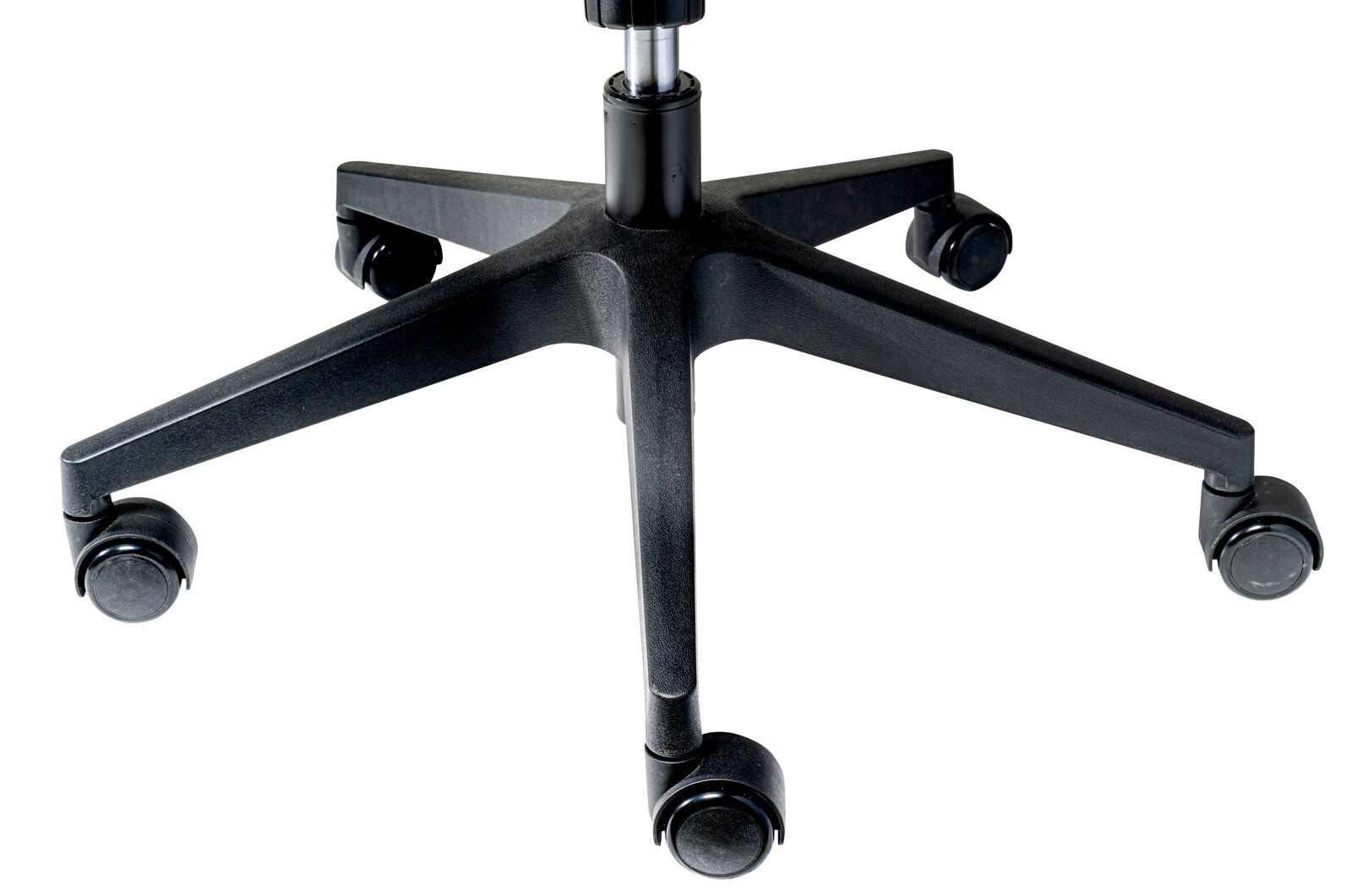 Nahaufnahme der Basis eines Drehstuhls mit fünf Rollen, von oben betrachtet.