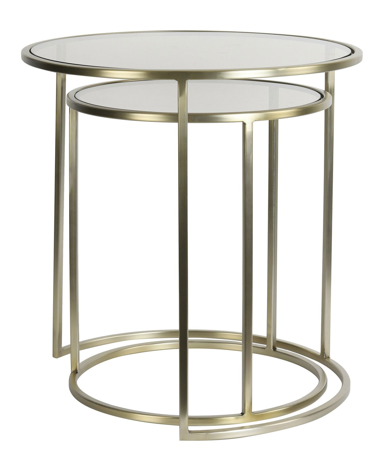 Zwei runde Beistelltische aus Metall mit Glasplatte, ineinander verschachtelt, seitliche Perspektive