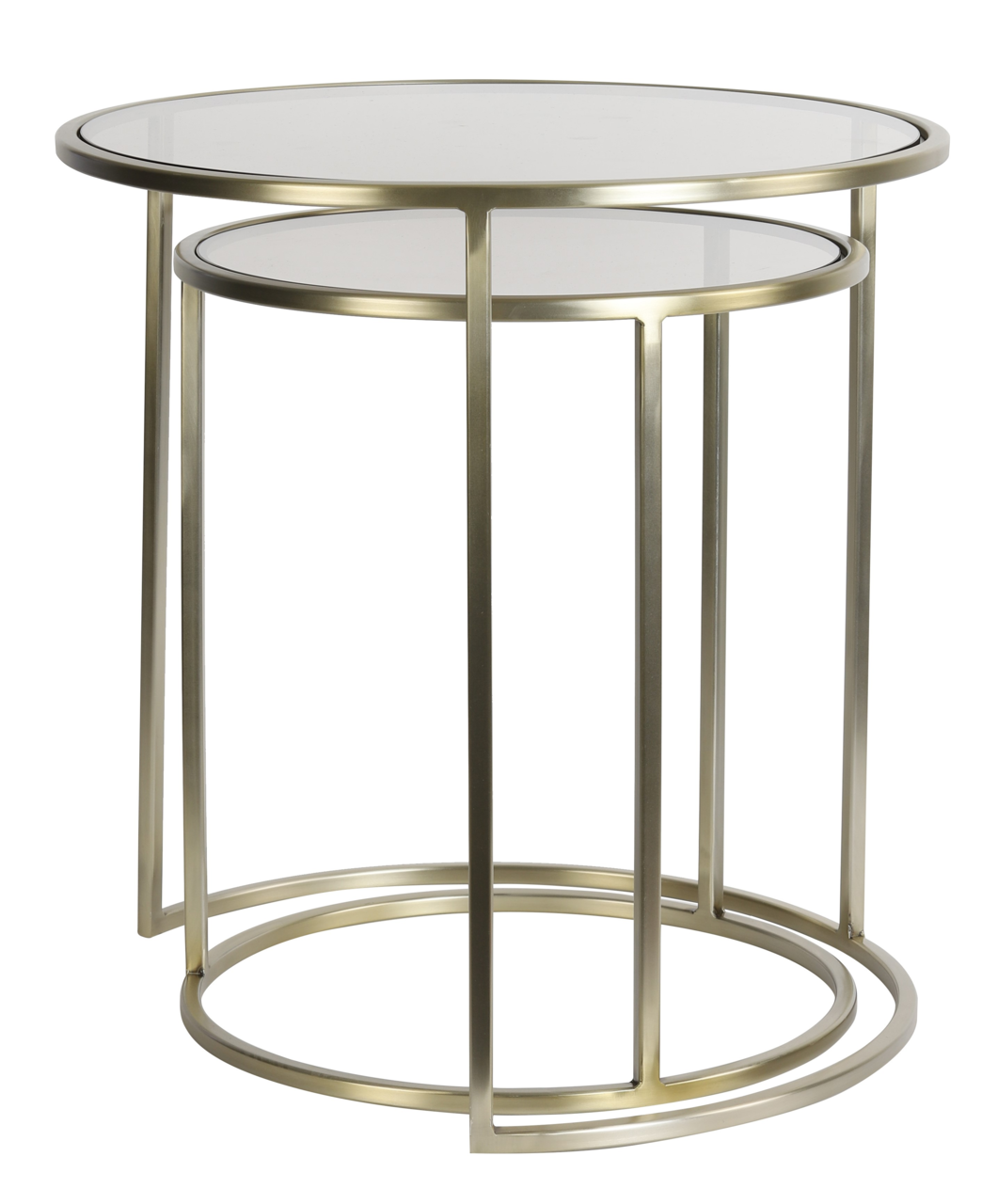 Zwei runde Beistelltische aus Metall mit Glasplatte, ineinander verschachtelt, seitliche Perspektive