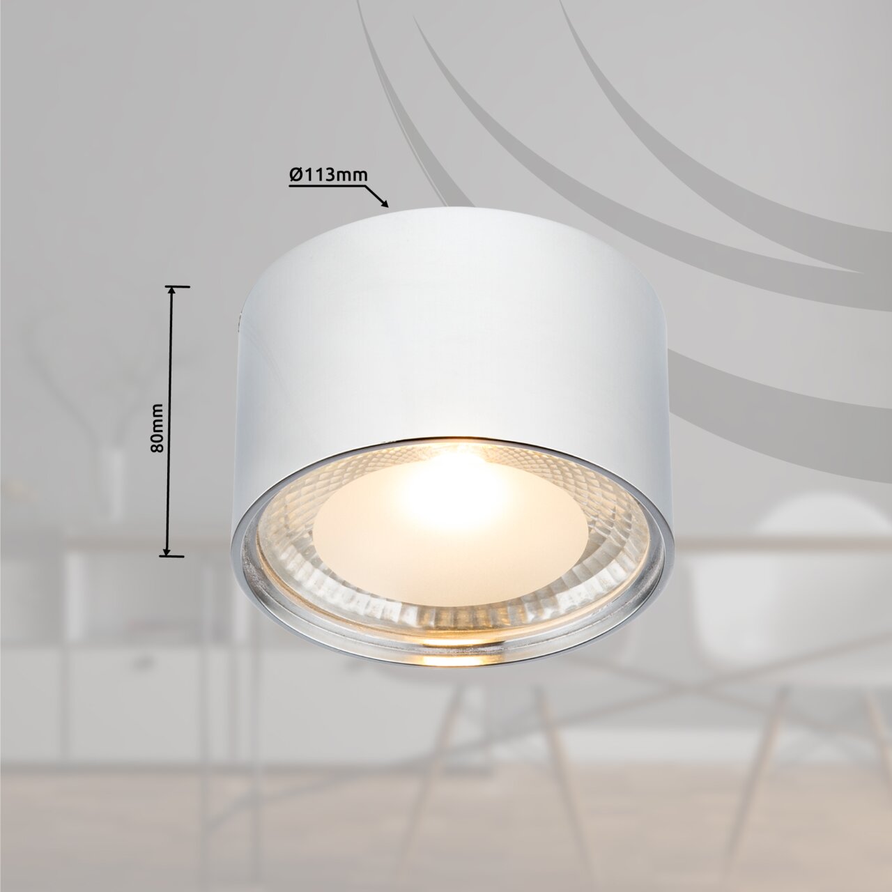 Weiße Deckenleuchte aus Metall, Modell SERENA von Globo Lighting, aus der Perspektive von unten gezeigt, mit eingeschaltetem Licht.