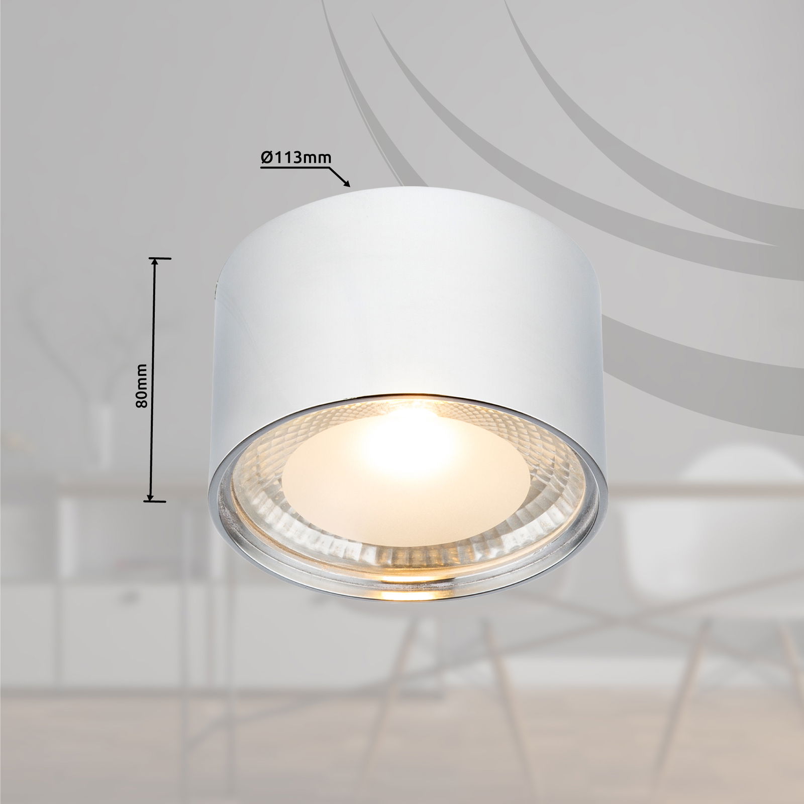 Weiße Deckenleuchte aus Metall, Modell SERENA von Globo Lighting, aus der Perspektive von unten gezeigt, mit eingeschaltetem Licht.