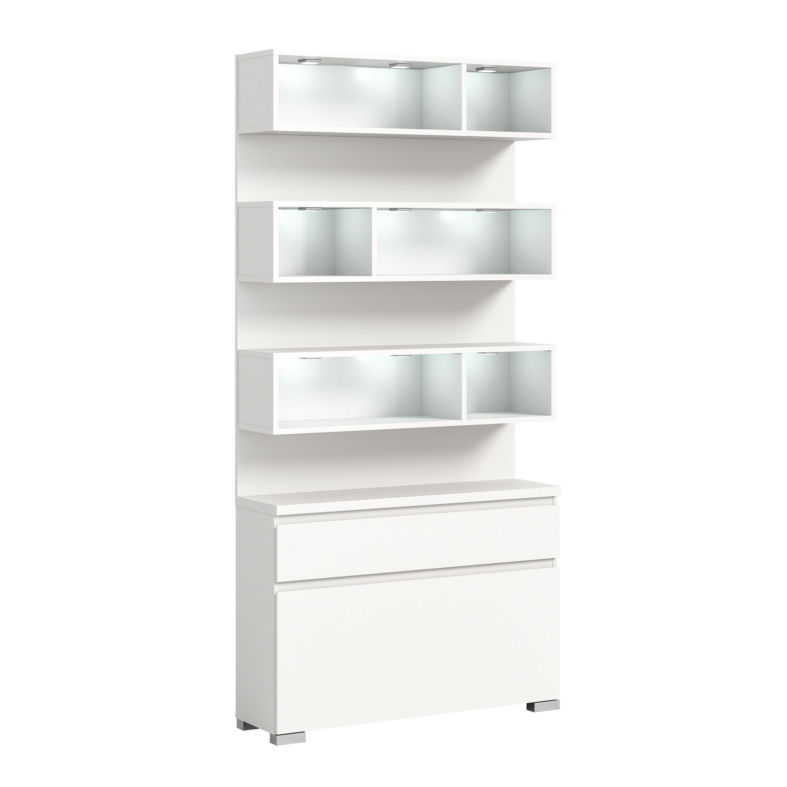 Weißes Schuhschrank-Set mit mehreren offenen Fächern und Schubladen, seitliche Perspektive