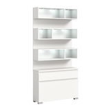 Weißes Schuhschrank-Set mit mehreren offenen Fächern und Schubladen, seitliche Perspektive