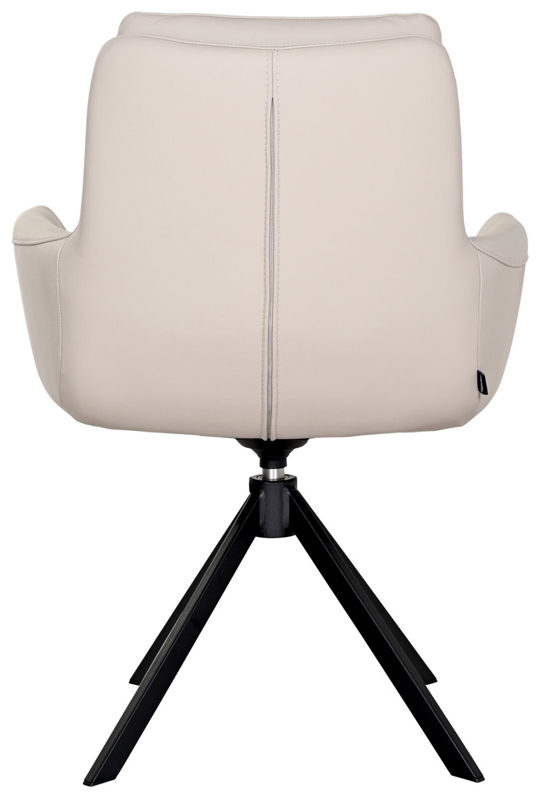 Rückansicht eines modernen Sessels mit hellgrauem Bezug und schwarzem Metallgestell.