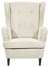 Frontansicht eines beigen Sessels mit geripptem Stoffbezug und schwarzen Beinen.