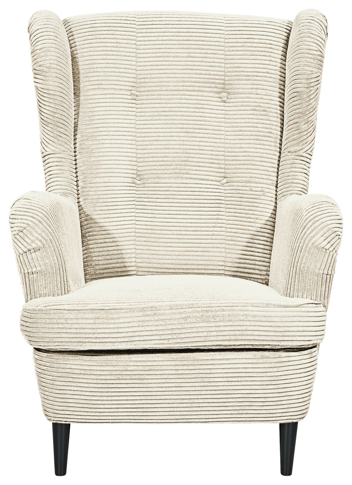 Frontansicht eines beigen Sessels mit geripptem Stoffbezug und schwarzen Beinen.