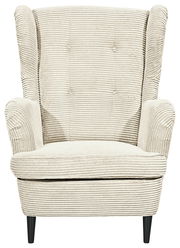 Frontansicht eines beigen Sessels mit geripptem Stoffbezug und schwarzen Beinen.