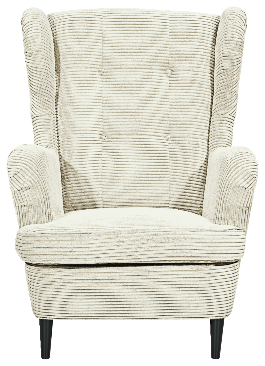 Frontansicht eines beigen Sessels mit geripptem Stoffbezug und schwarzen Beinen.