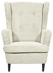 Frontansicht eines beigen Sessels mit geripptem Stoffbezug und schwarzen Beinen.