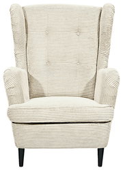 Frontansicht eines beigen Sessels mit geripptem Stoffbezug und schwarzen Beinen.