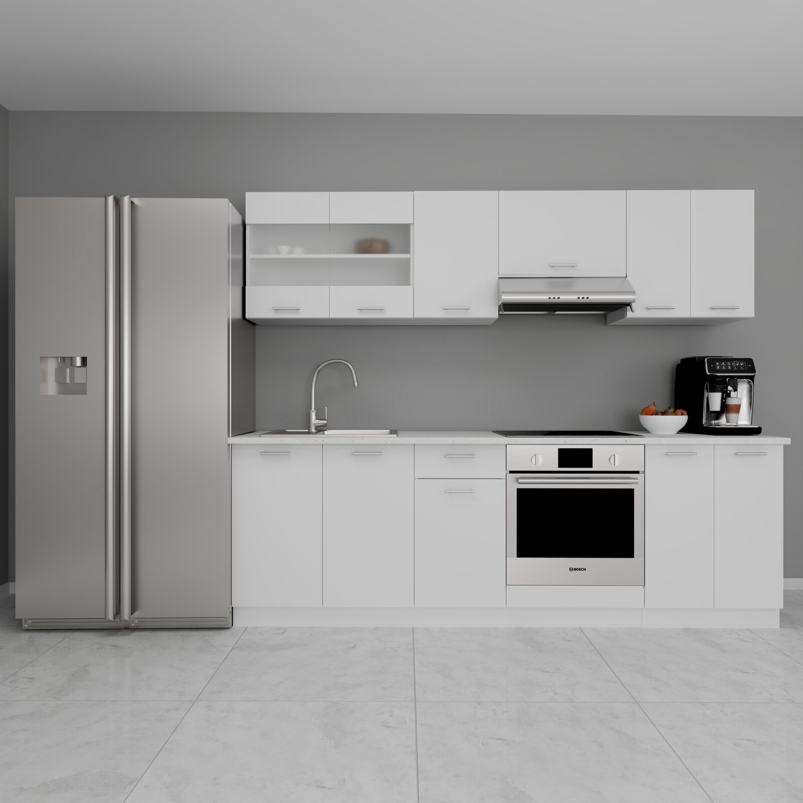 Moderne weiße Einbauküche mit Hochschränken, Spüle, Backofen, Dunstabzug und großem Side-by-Side-Kühlschrank, frontal aus Augenhöhe fotografiert.