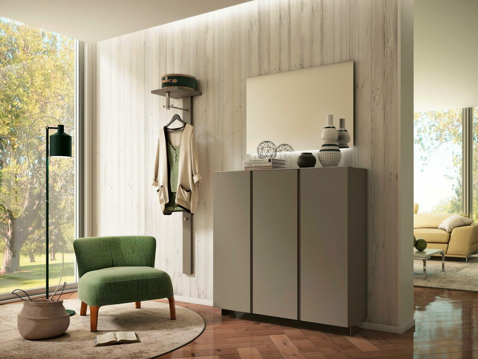 Moderano XL-Hängeschuhschrank 3T LECCO in moderner Wohnzimmerumgebung, seitliche Perspektive