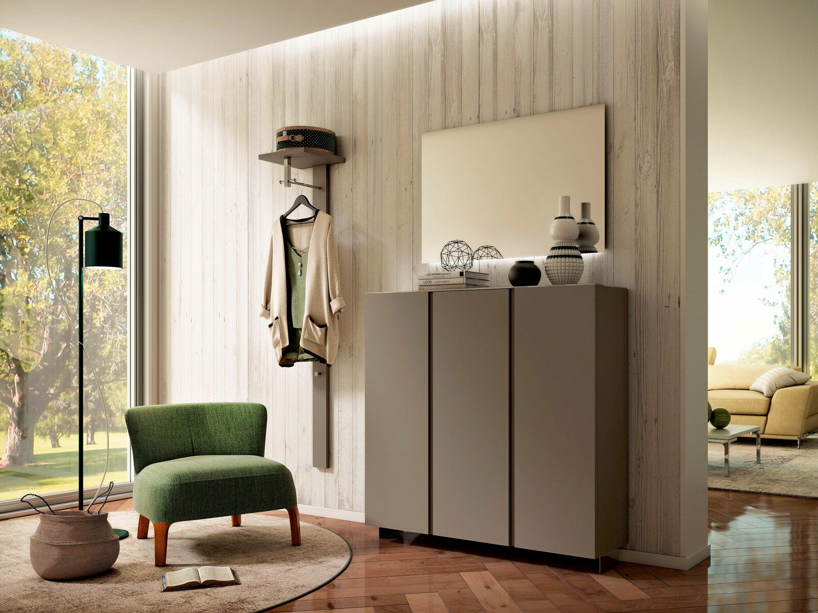 Moderano XL-Hängeschuhschrank 3T LECCO in moderner Wohnzimmerumgebung, seitliche Perspektive