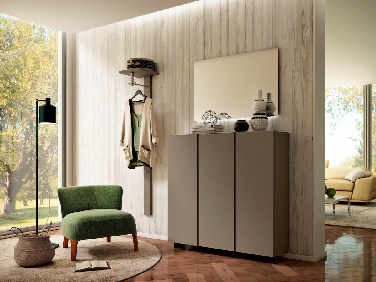 Moderano XL-Hängeschuhschrank 3T LECCO Moderano XL-Hängeschuhschrank 3T LECCO in moderner Wohnzimmerumgebung, seitliche Perspektive