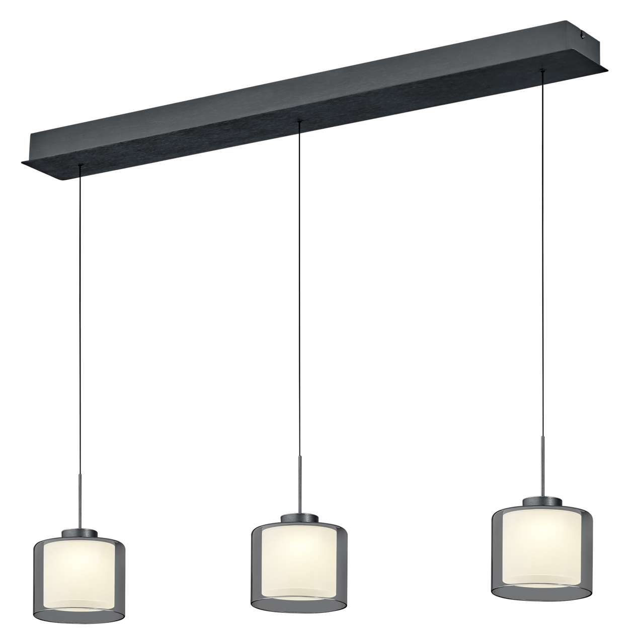 Elements by Bankamp LED-Pendelleuchte KLARA Dreifache LED-Pendelleuchte KLARA mit zylindrischen Schirmen, seitliche Perspektive