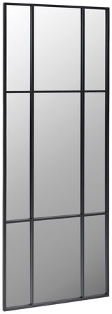 Großer rechteckiger Spiegel mit schwarzem Rahmen und Gitterdesign, seitliche Perspektive