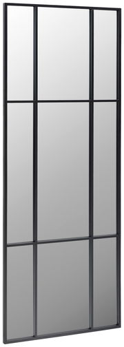 Großer rechteckiger Spiegel mit schwarzem Rahmen und Gitterdesign, seitliche Perspektive