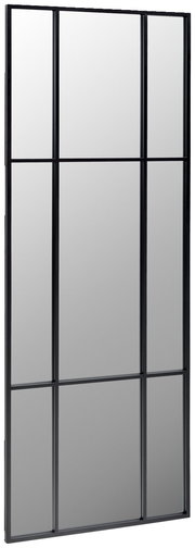 Großer rechteckiger Spiegel mit schwarzem Rahmen und Gitterdesign, seitliche Perspektive