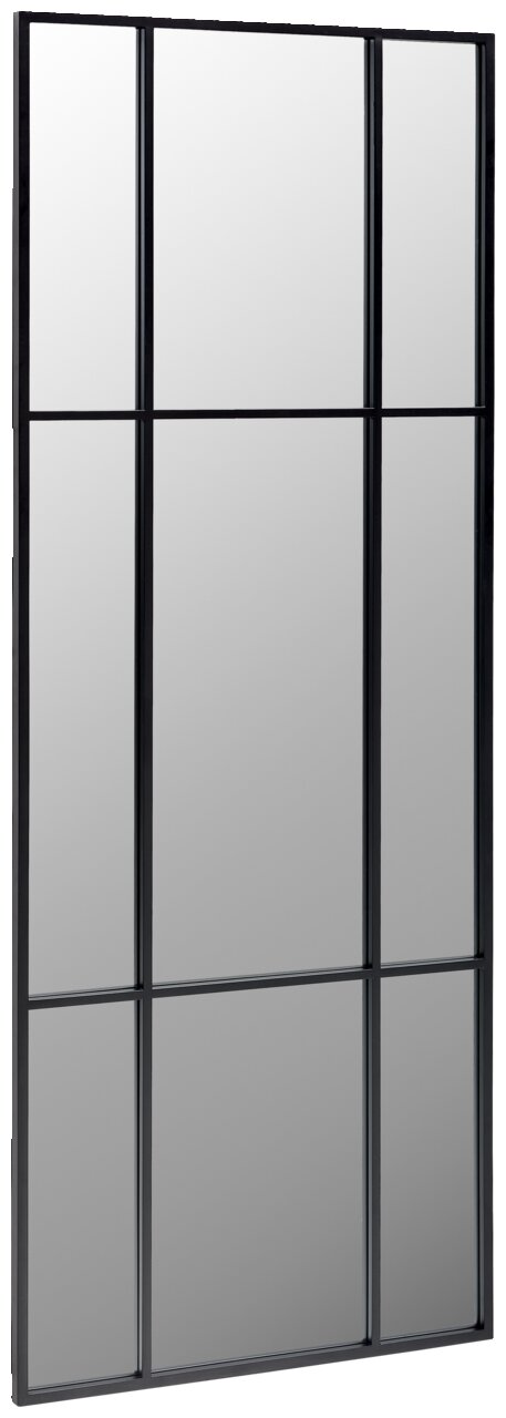 Großer rechteckiger Spiegel mit schwarzem Rahmen und Gitterdesign, seitliche Perspektive