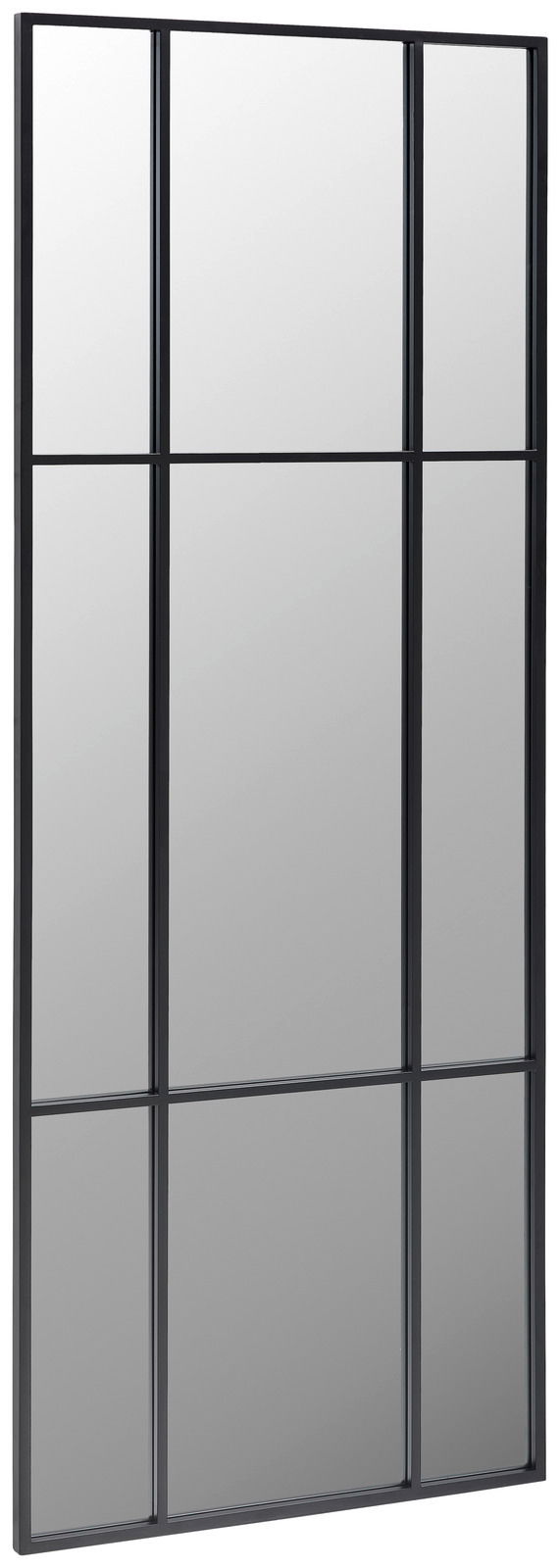 Großer rechteckiger Spiegel mit schwarzem Rahmen und Gitterdesign, seitliche Perspektive