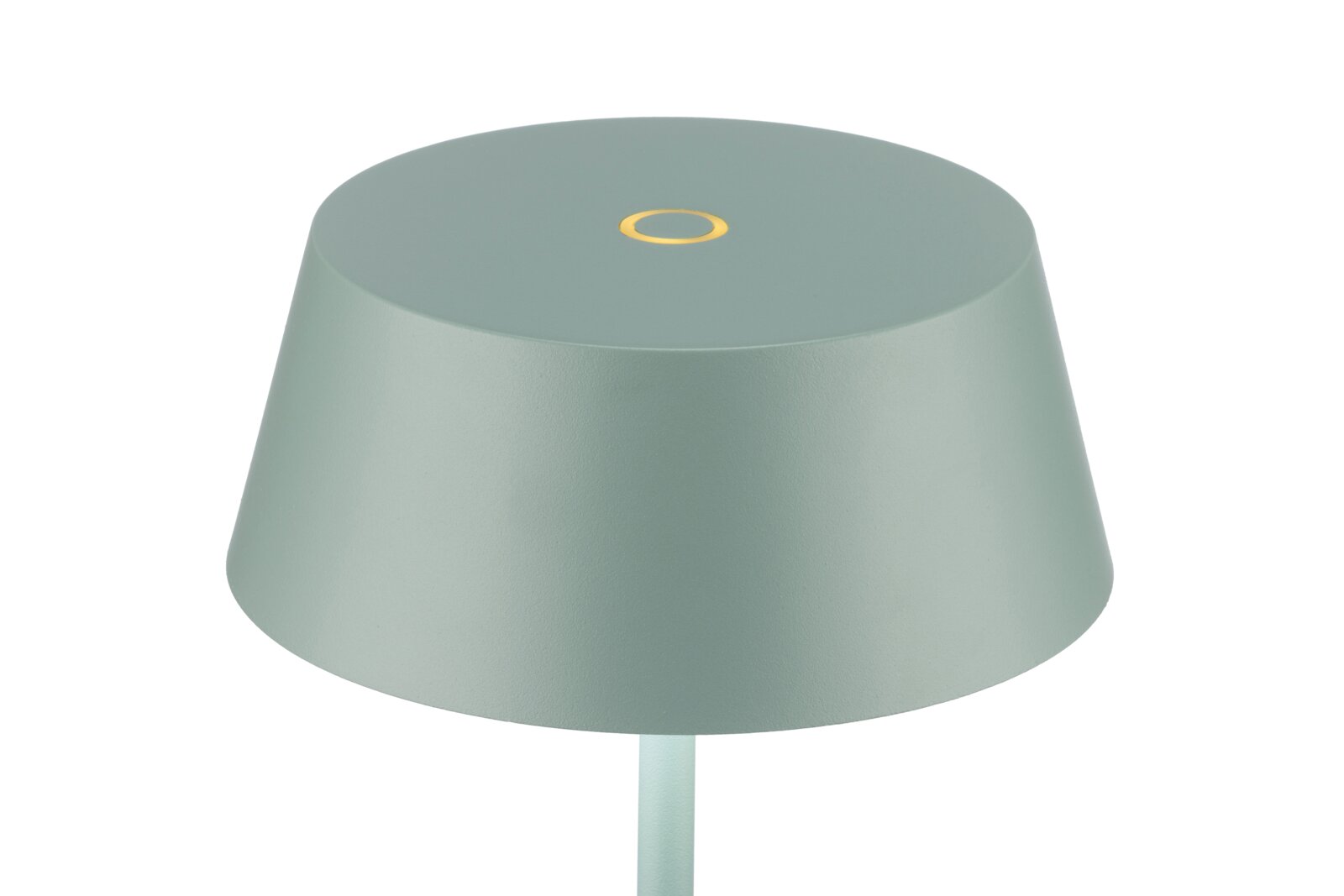 Groene accu-tafellamp gezien vanuit vogelperspectief, met een ronde, platte kap en een geel accent.