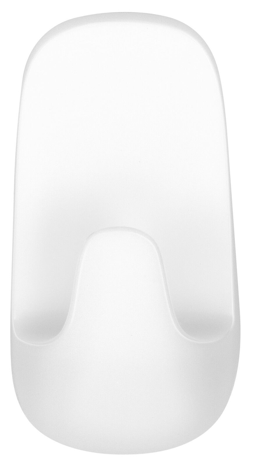 Tesa Powerstrips 2-tlg. WATERPROOF Frontalansicht eines weißen, abgerundeten Wandhakens, geeignet für den Einsatz mit tesa Powerstrips Waterproof.