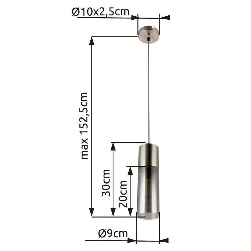 Hängeleuchte mit zylindrischem Glasdesign, seitliche Perspektive, Maße: max. 152,5 cm Höhe, 9 cm Durchmesser.