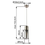 Hängeleuchte mit zylindrischem Glasdesign, seitliche Perspektive, Maße: max. 152,5 cm Höhe, 9 cm Durchmesser.